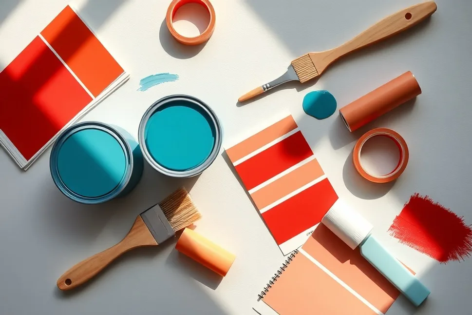 Pots de peinture, nuancier, brosses et rouleaux disposés à plat