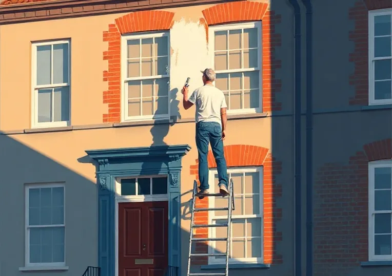 Peintre sur échafaudage traitant la façade d'une maison