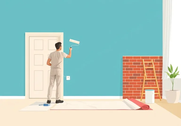 Peintre appliquant la peinture au rouleau sur un mur de salon